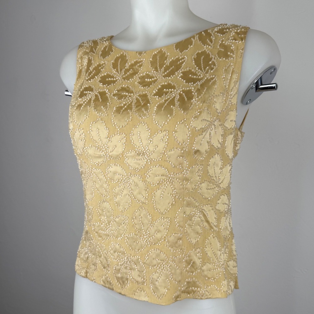 Banana Republic Gold Beaded Silk Jacquard Sleeveless Button Back Top Size M